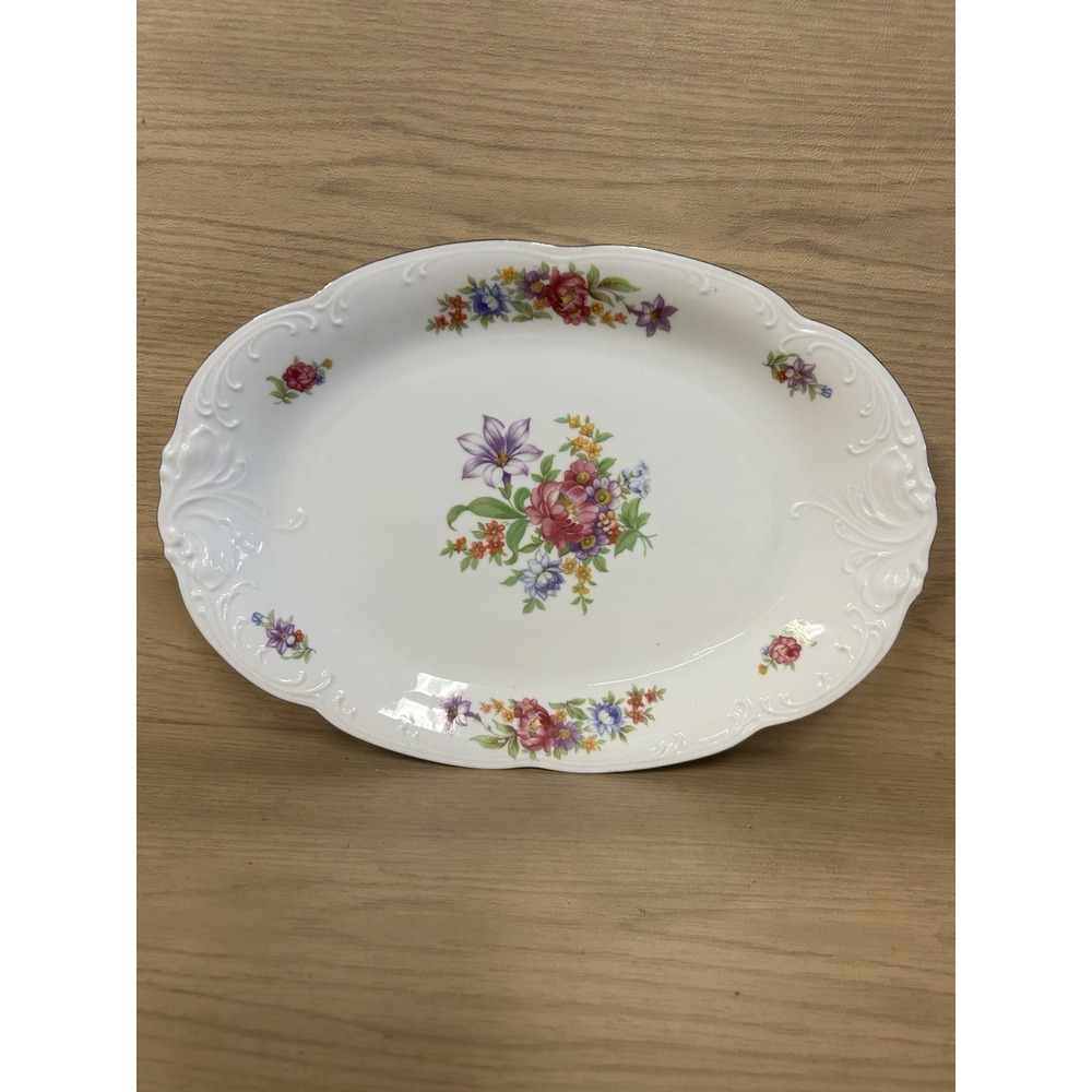 Vtg Wawel Meissen Flower Oval Serving Platter Poland 13" Floral With gold Trim